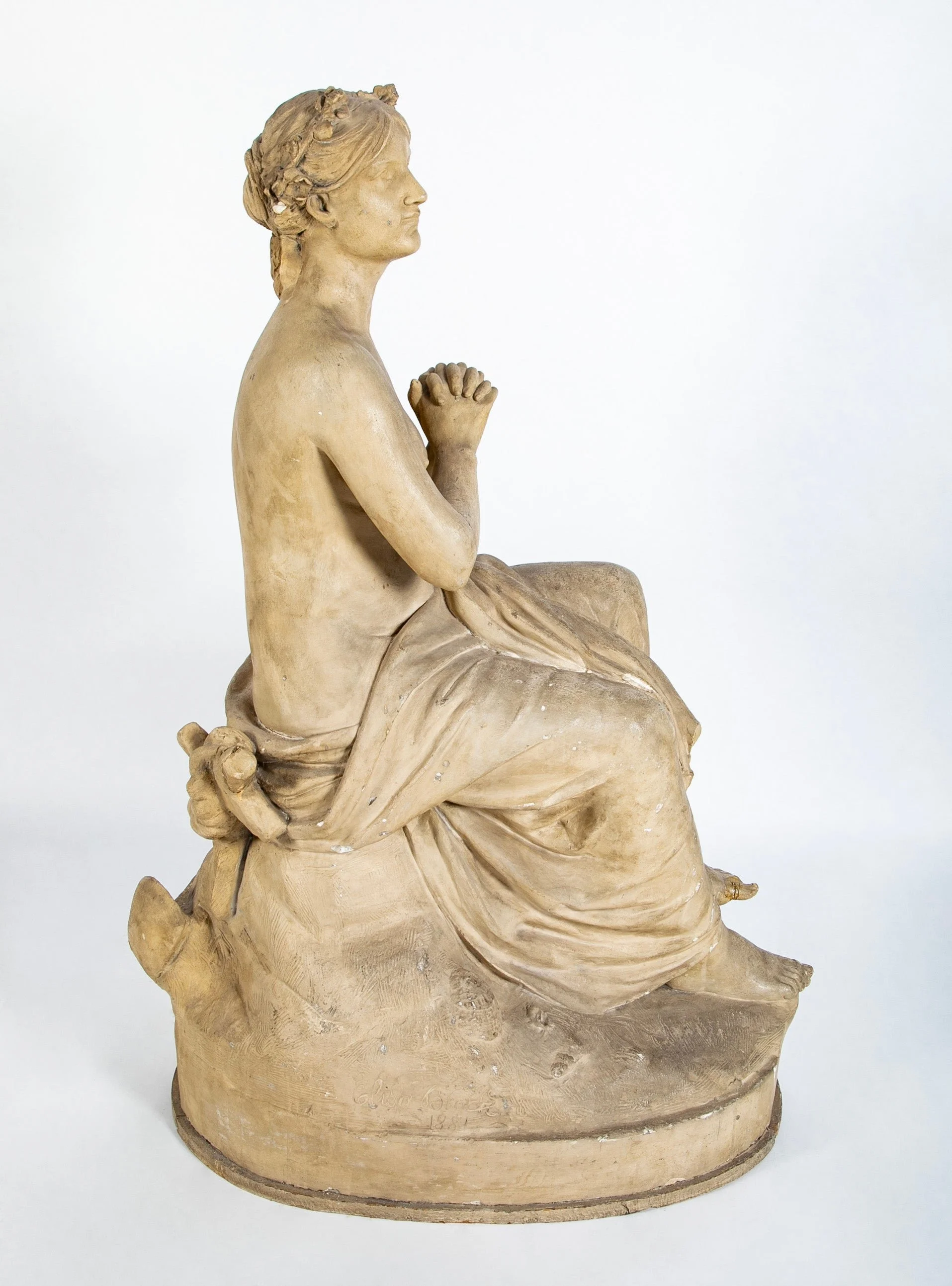 "Femme Francais qui Prie."  Large 19th century French Plaster Statue of a Woman Praying by Elise Broche (signed at bottom center).  Circa 1881.   56" h x 24" w x 34" d 