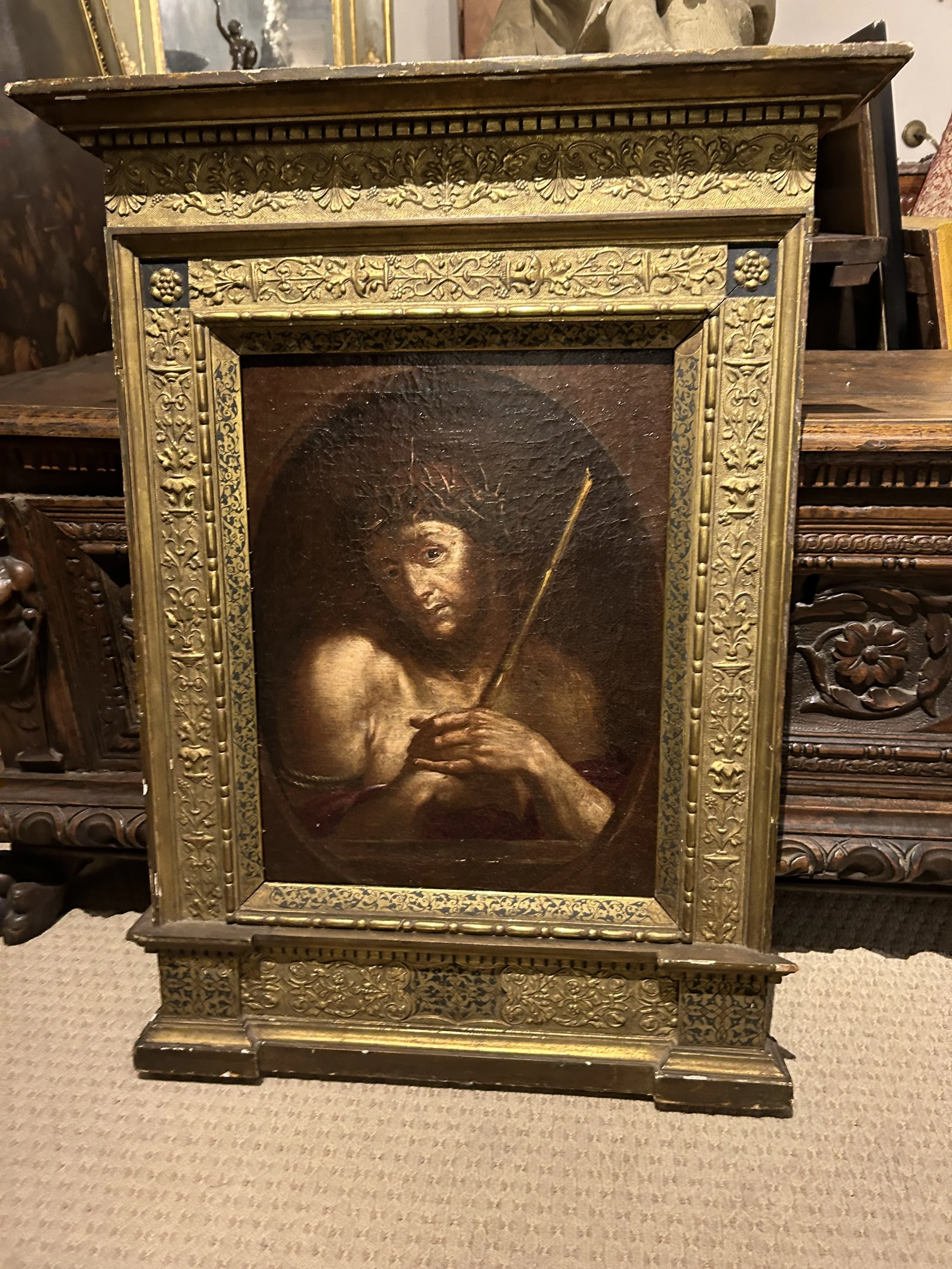 French 18th century oil painting of Jesus with unique and intricate gold frame.  Circa 1780.  33" h x 25.5" w 