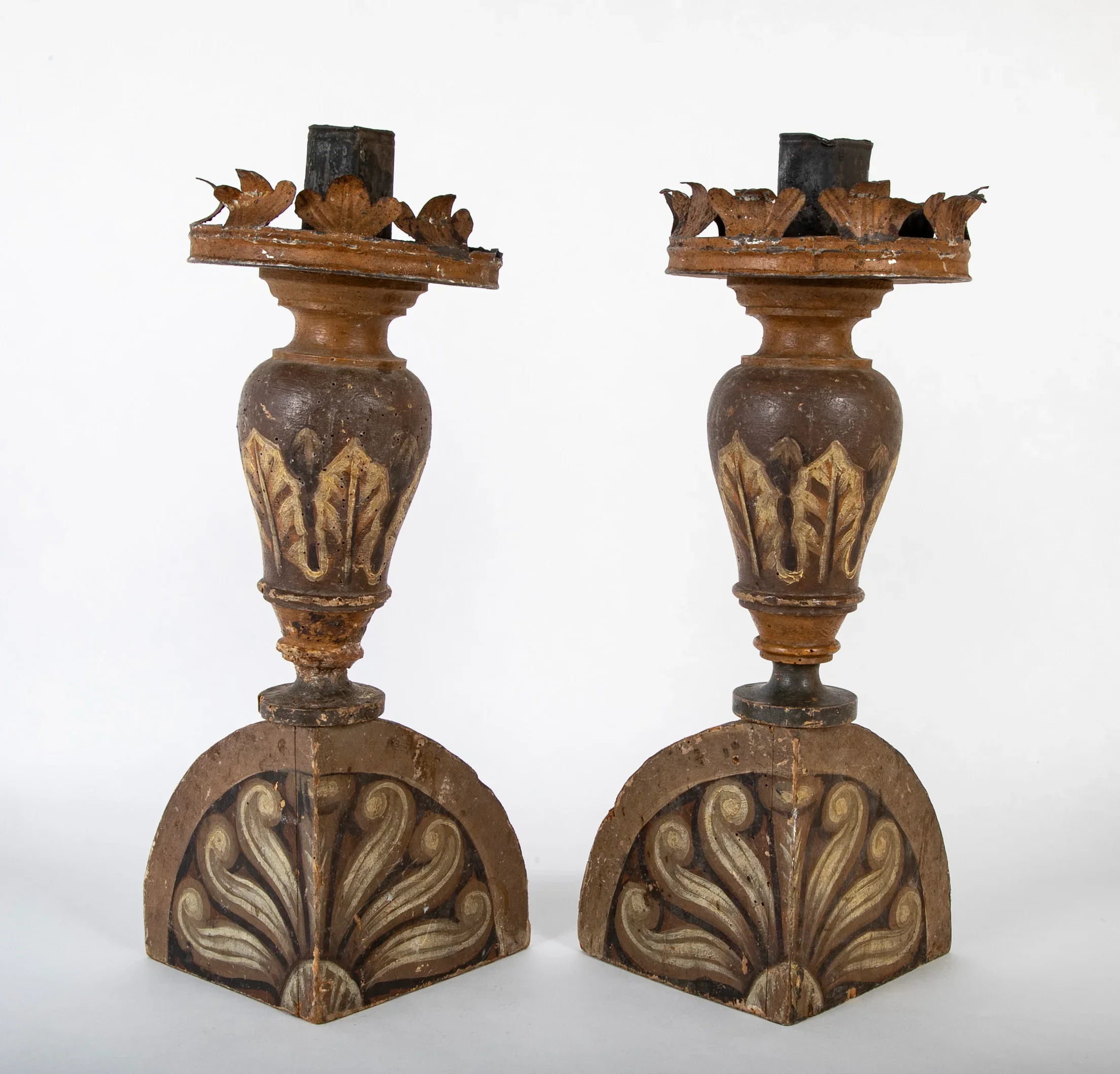 Pair of rustic French candlesticks with painted details. Circa 1780.  21" h x 10" w x 7" d 