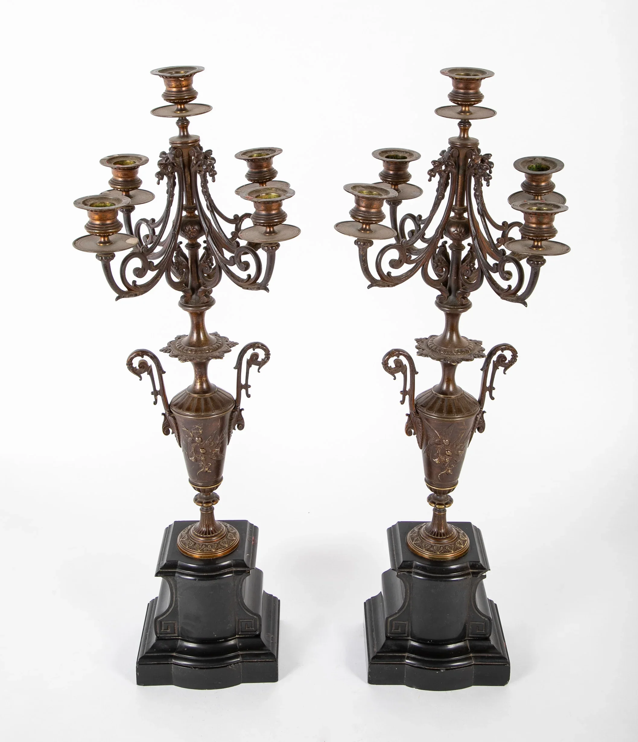 Pair of Ornate French 19th century candlesticks having five candle holders and a black stone base.  20" h x 9" w