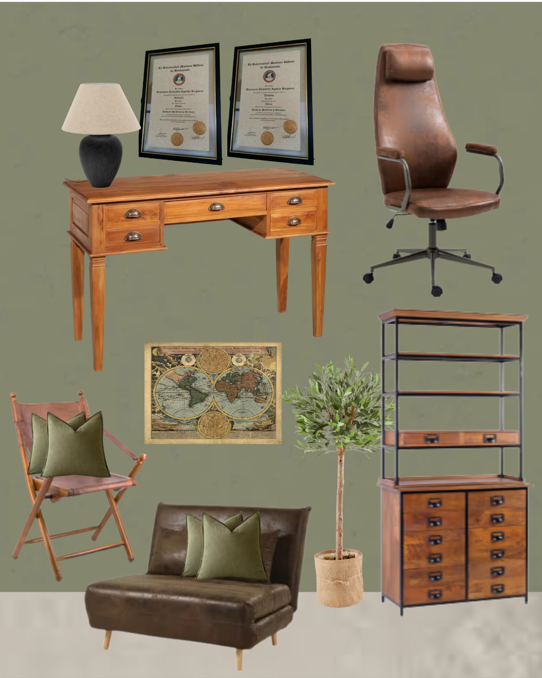 A collage of office furniture and decor items including a wooden desk with four drawers, a brown leather office chair, a wooden shelving unit with drawers, a small potted plant, a vintage world map, a wooden chair with green pillows, a brown leather ottoman with green pillows, a table lamp, and two framed certificates on a green wall.