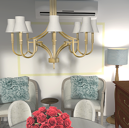 A chandelier hanging above a dining table with a floral centerpiece in a room with chairs, a floor lamp, and an air conditioning unit.
