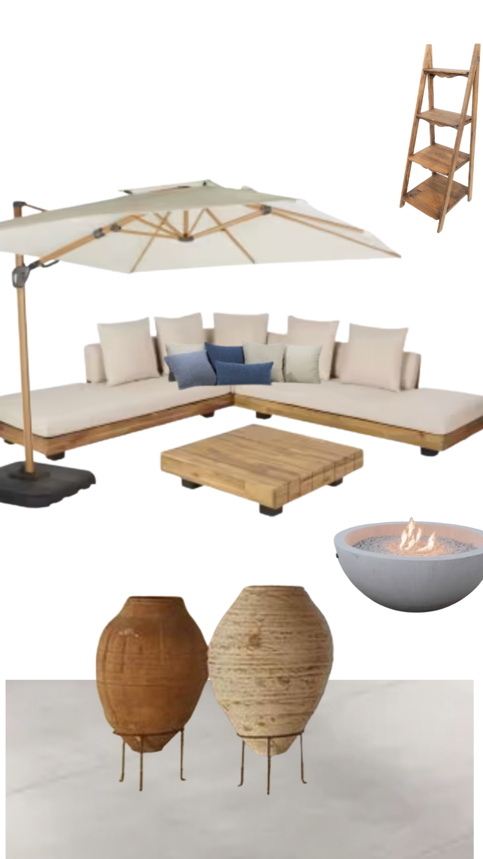 Outdoor patio furniture and decor including a large white patio umbrella, a sectional sofa with beige cushions and blue pillows, a small wooden side table, a wooden ladder-style shelf, two ceramic vases, a fire bowl with a flame, and a large round fire feature in the background.