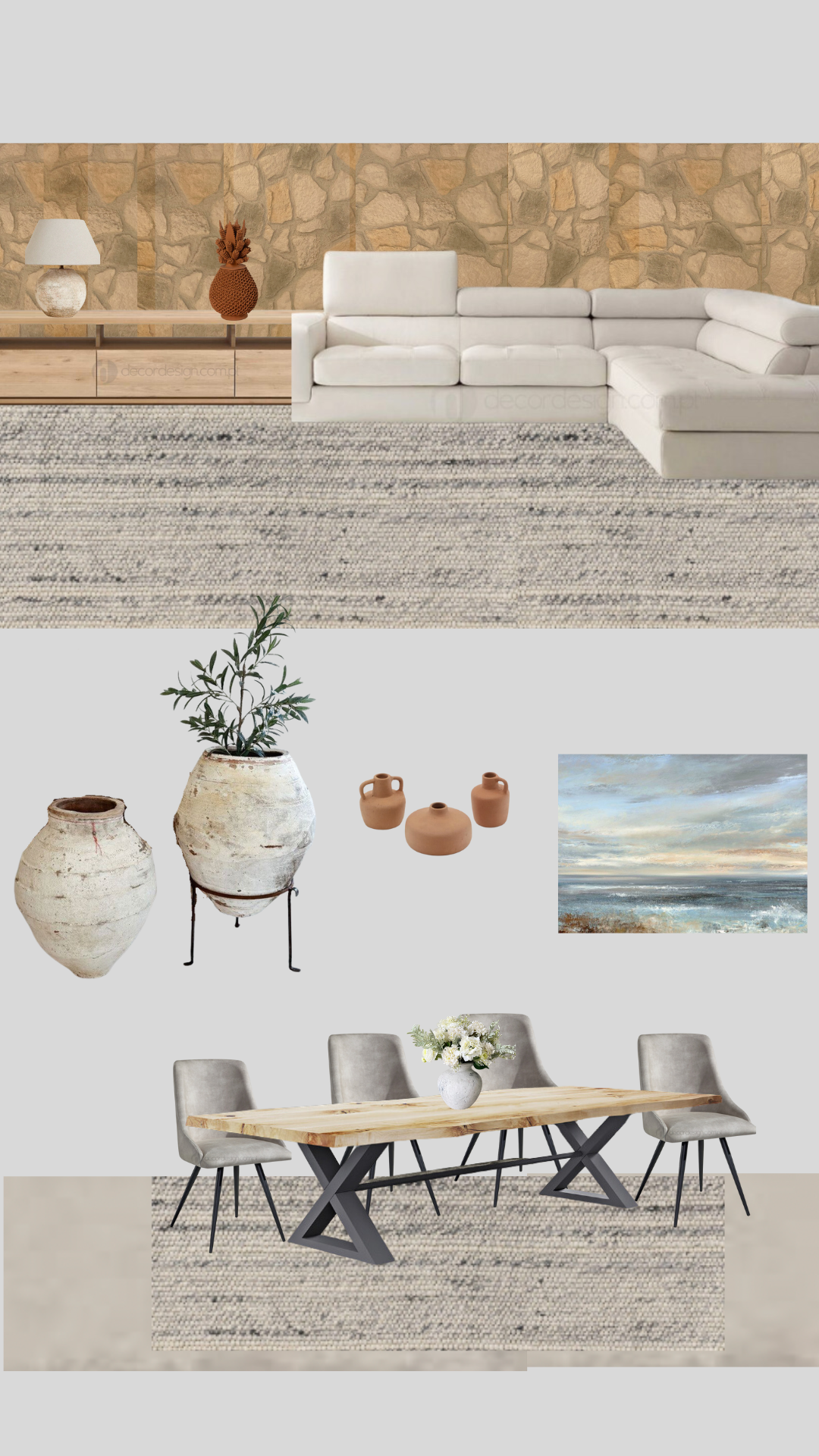 Outdoor patio furniture and decor including a large white patio umbrella, a sectional sofa with beige cushions and blue pillows, a small wooden side table, a wooden ladder-style shelf, two ceramic vases, a fire bowl with a flame, and a large round fire feature in the background.