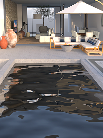 Modern outdoor living space with a swimming pool, lounge chairs, umbrella, and a seating area with cushions and a coffee table.