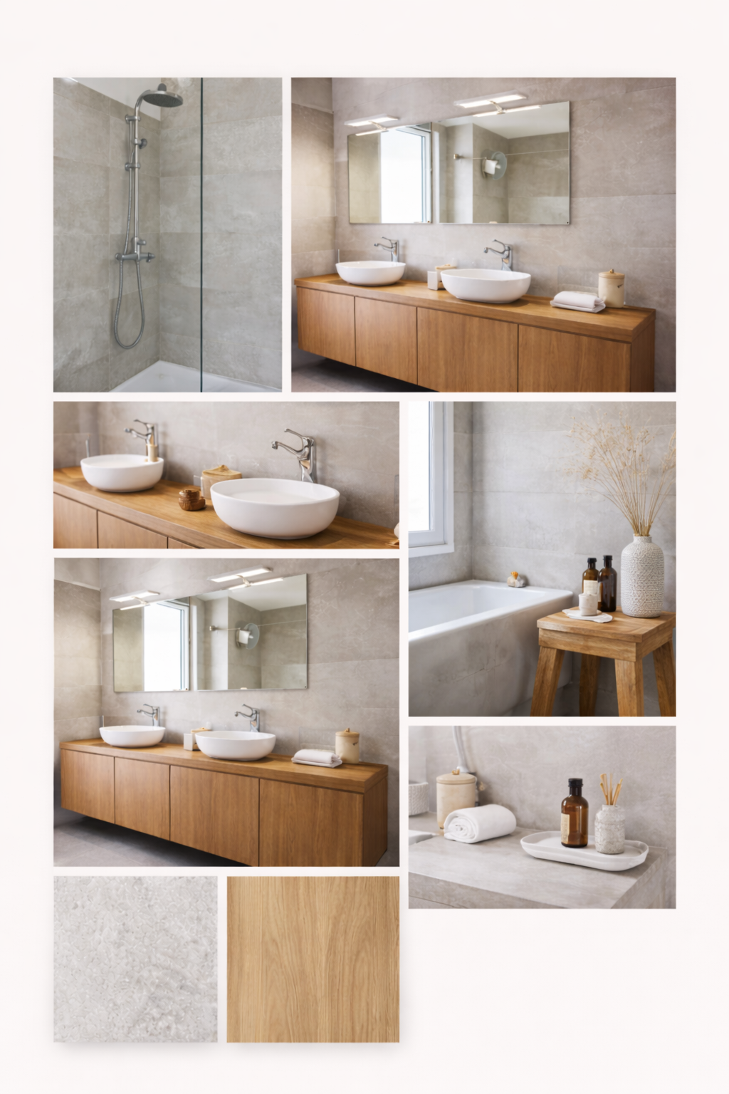 A collage of office furniture and decor items including a wooden desk with four drawers, a brown leather office chair, a wooden shelving unit with drawers, a small potted plant, a vintage world map, a wooden chair with green pillows, a brown leather ottoman with green pillows, a table lamp, and two framed certificates on a green wall.