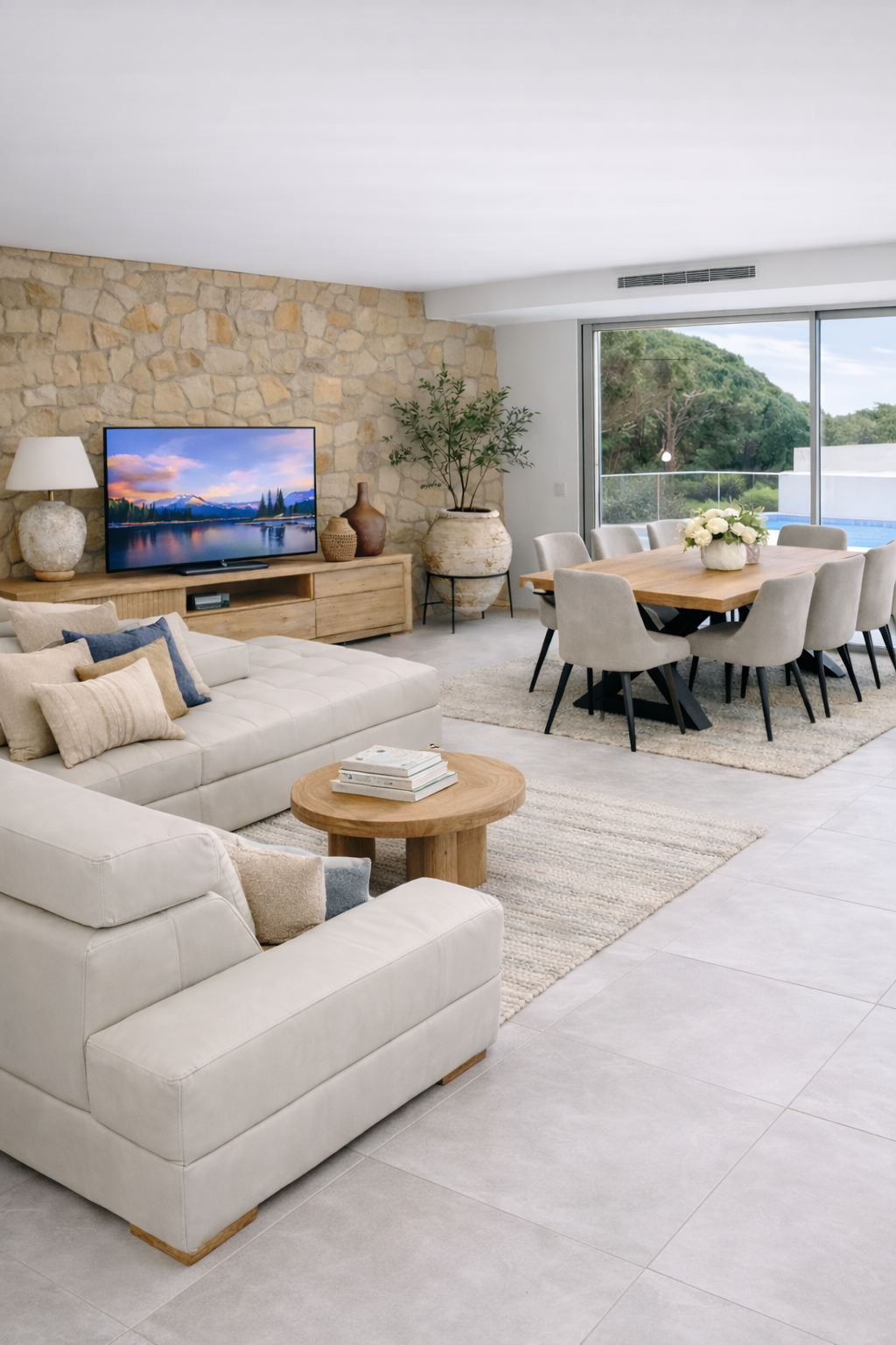 Modern outdoor living space with a swimming pool, lounge chairs, umbrella, and a seating area with cushions and a coffee table.