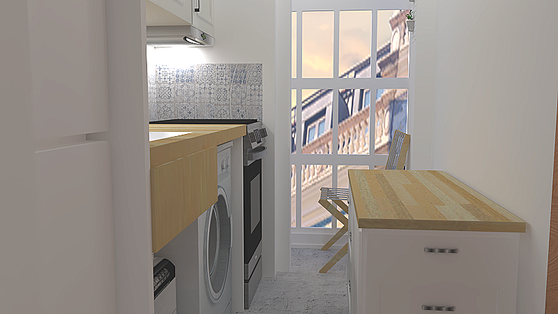 Small kitchen with a washing machine, oven, and wooden countertops, adjacent to a dining area with a wooden table and chairs, and large windows showing a building outside at sunset.