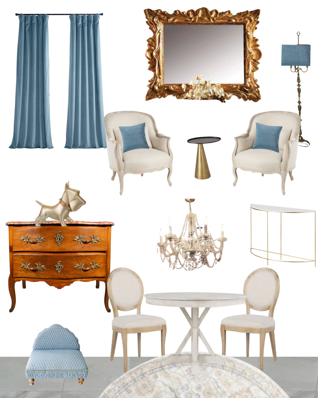 A living room with blue curtains, a large ornate gold mirror, a floor lamp, two white armchairs with blue pillows, a small round side table with a gold base, an oval wooden dresser with a dog figurine on top, a chandelier, a small white table with two chairs, a vintage-style blue and white stool, and a semi-circular console table.