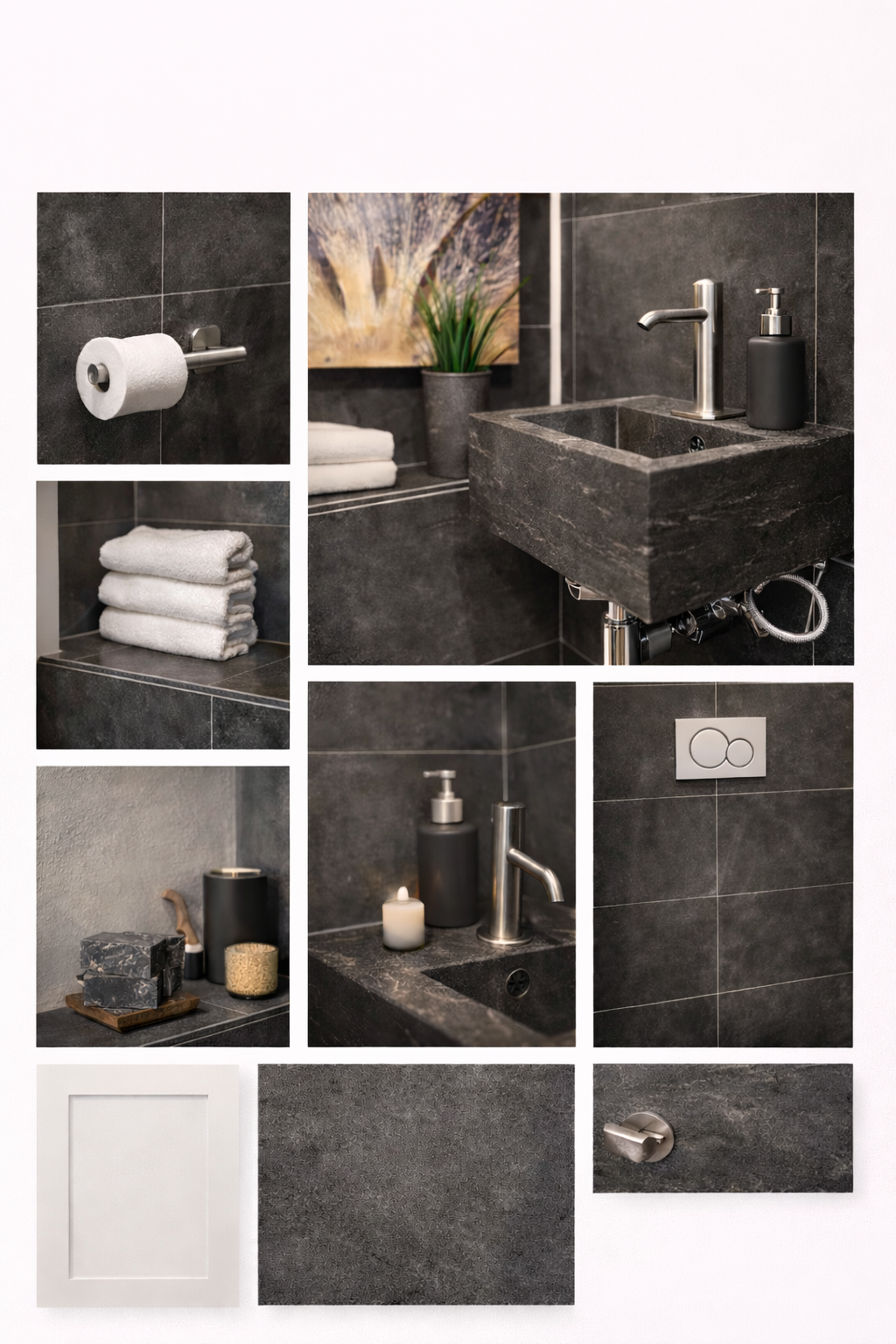 Outdoor patio furniture and decor including a large white patio umbrella, a sectional sofa with beige cushions and blue pillows, a small wooden side table, a wooden ladder-style shelf, two ceramic vases, a fire bowl with a flame, and a large round fire feature in the background.