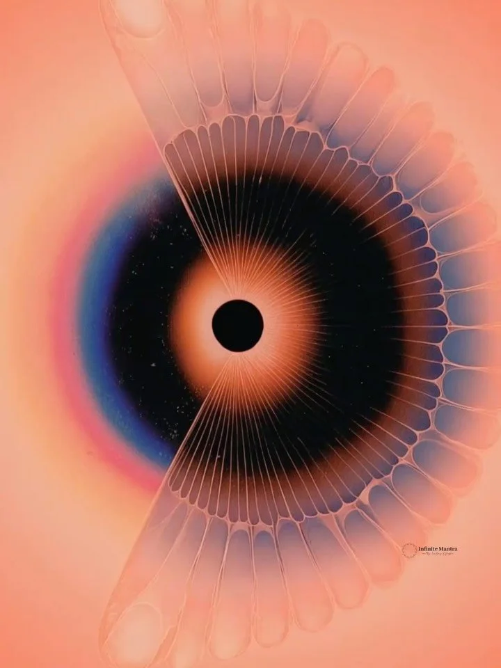 In the center of stillness, whole universes awaken.

Inner Horizon, Lindsay Kokoska,2025

This piece radiates from the core outward, like a pulse of realization rippling through the cosmos. The dark center draws you in, asking for silence, while the 