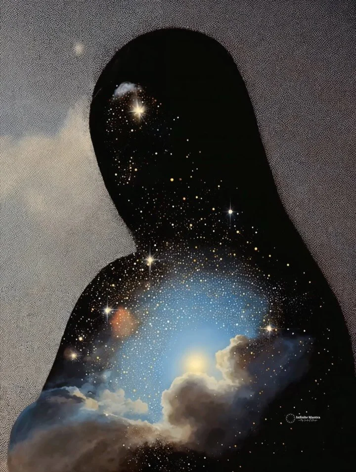 We carry entire galaxies within us.
Not as something distant, but as memory.
Light moving through shadow.
Breath becoming form.
The quiet expansion of who we already are.

#art #collage #divine #transformation #universe