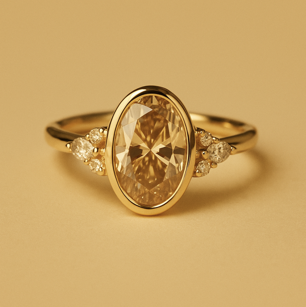 Warm Stone Bezel Set Oval with Prong-Set Side Stones (Ready Made)