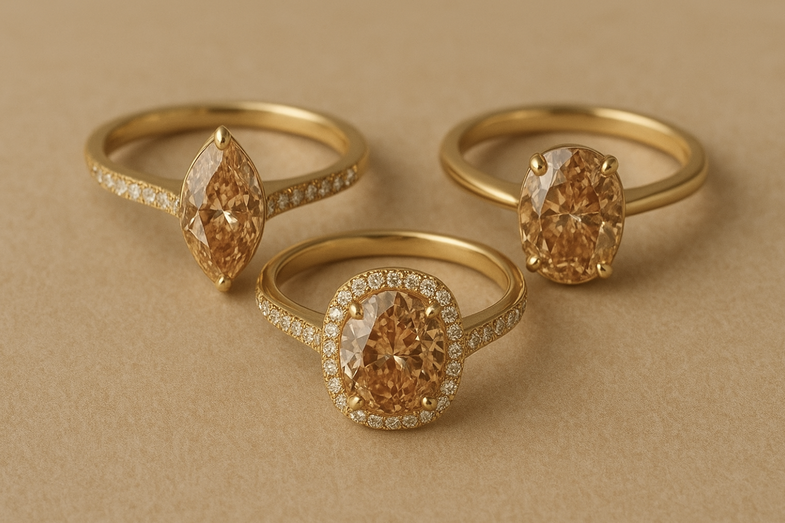 Three gold engagement rings with large marquise-cut orange diamonds, two of which have a halo, displayed on a beige surface.