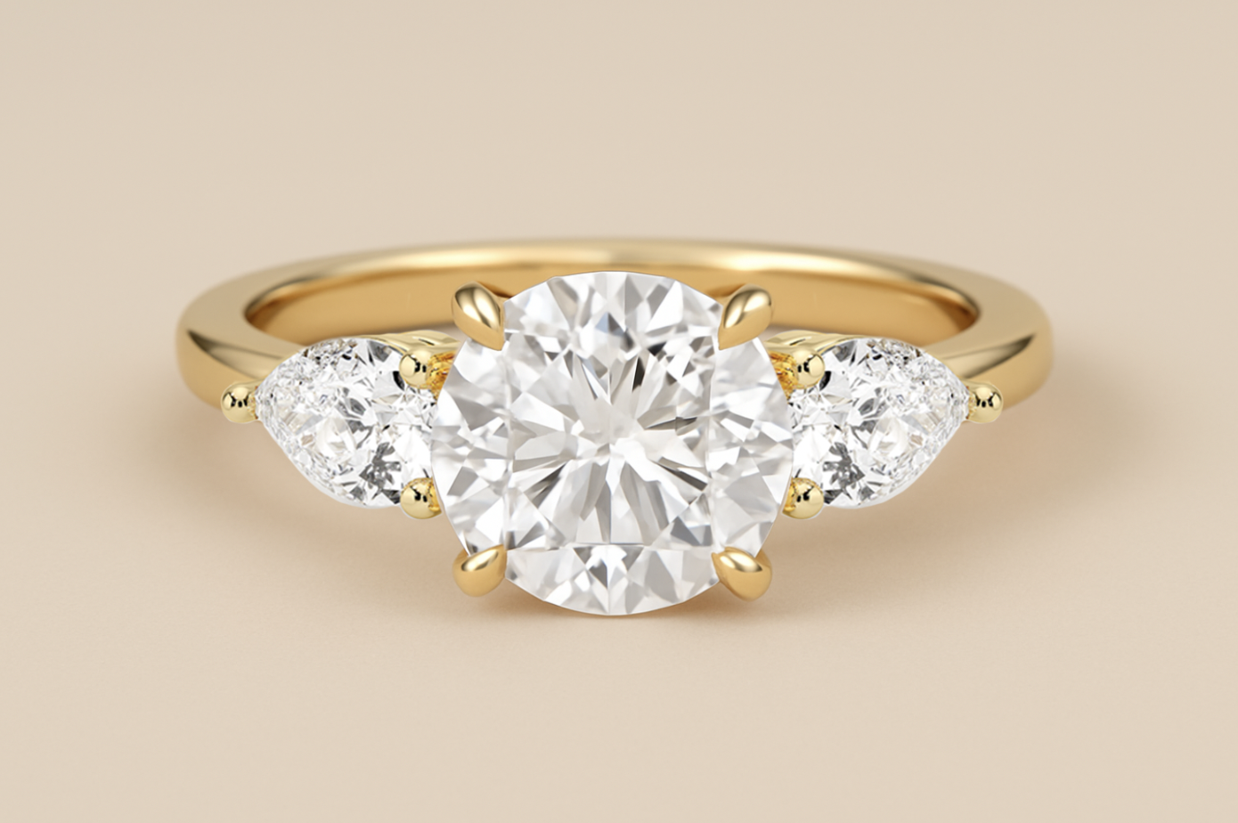 HOLC Classic Three Stone Setting with Round Center and Pear Side Stones (Ready Made)