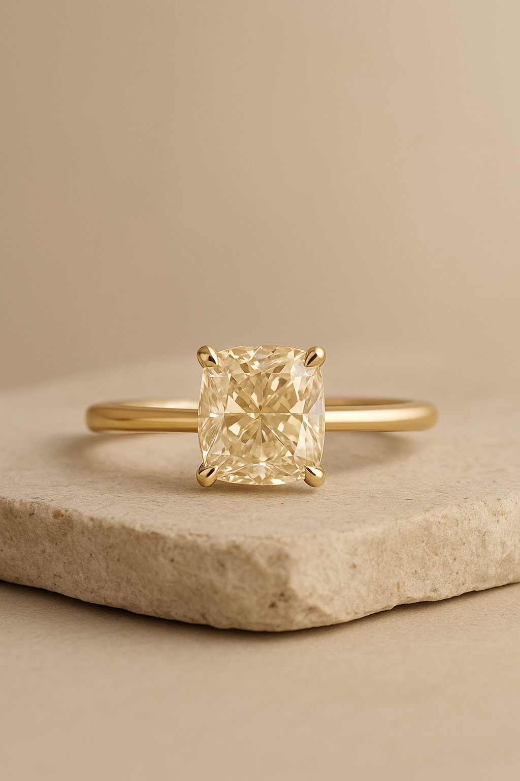 A gold ring with a large cushion cut diamond solitaire on a neutral background.