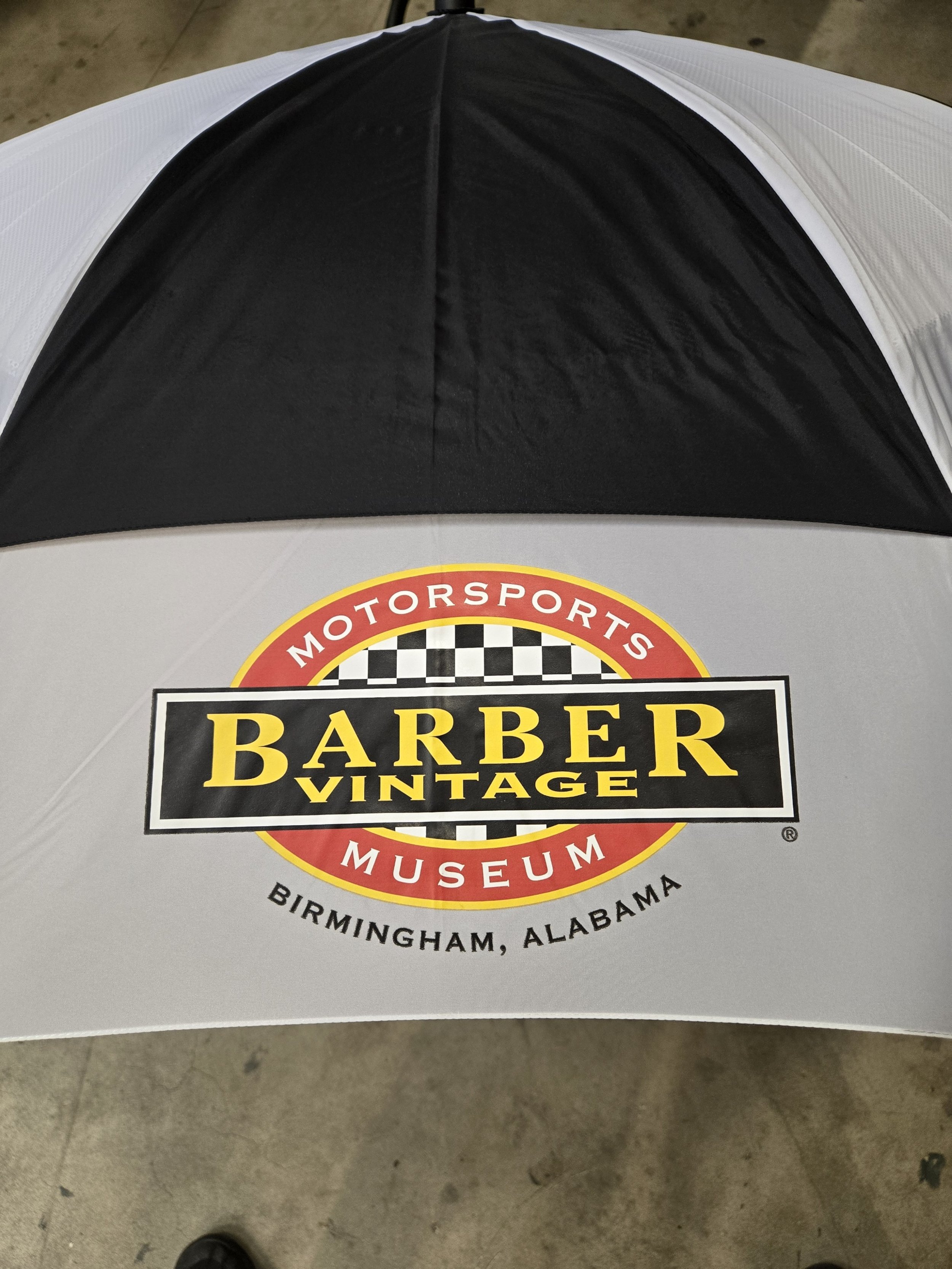 Close-up of a tent with a logo for Barber Vintage Motorsports Museum in Birmingham, Alabama.