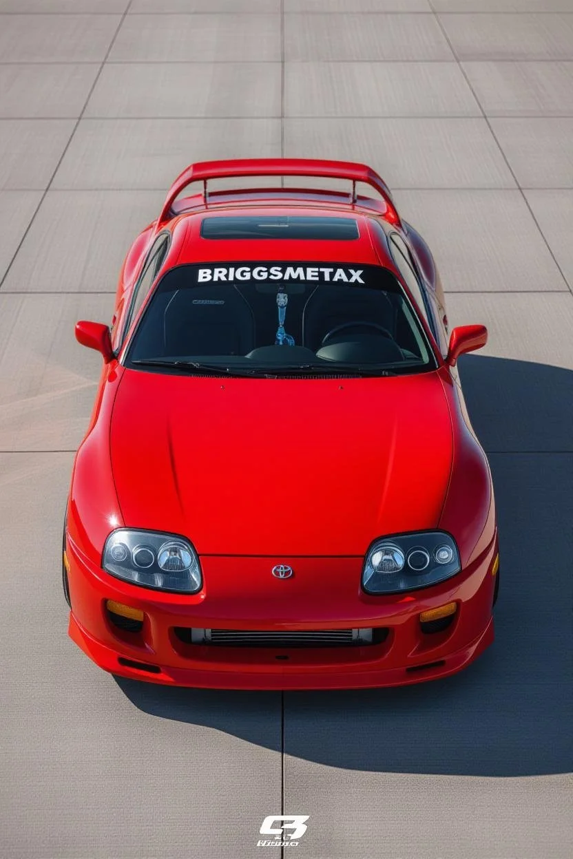 Top view of a red sports car with a black windshield banner that reads 'BRIGGSMETAX' on a concrete surface.