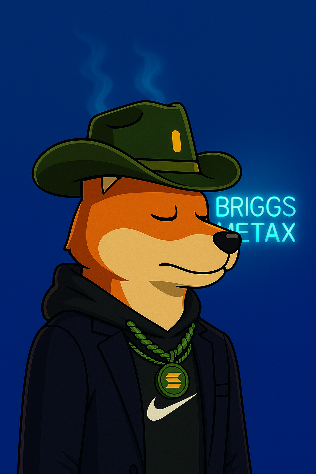 Animated dog wearing a green cowboy hat, black hoodie, and a black blazer with a green chain and medallion, with a neon sign that reads 'BRIGGS TAX' in the background