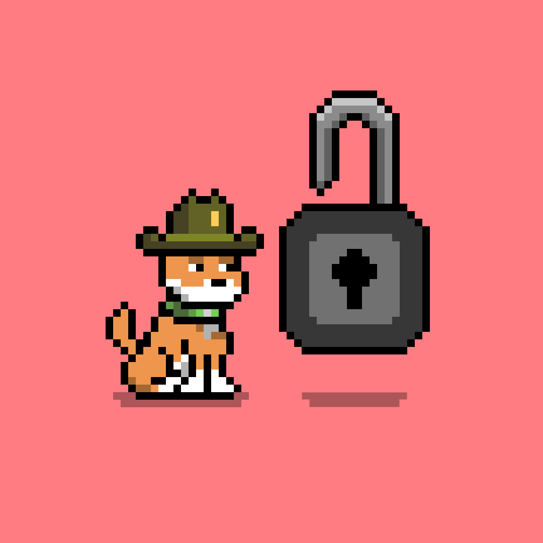 Pixel art of a dog wearing a sheriff hat and cowboy boots standing next to a large black padlock.