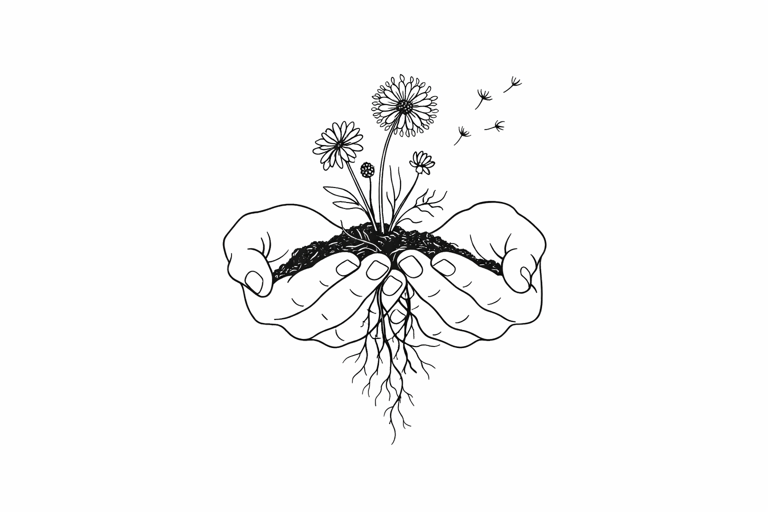 Black and white illustration of hands holding a clump of soil, with blooming dandelion flowers and seeds floating above.