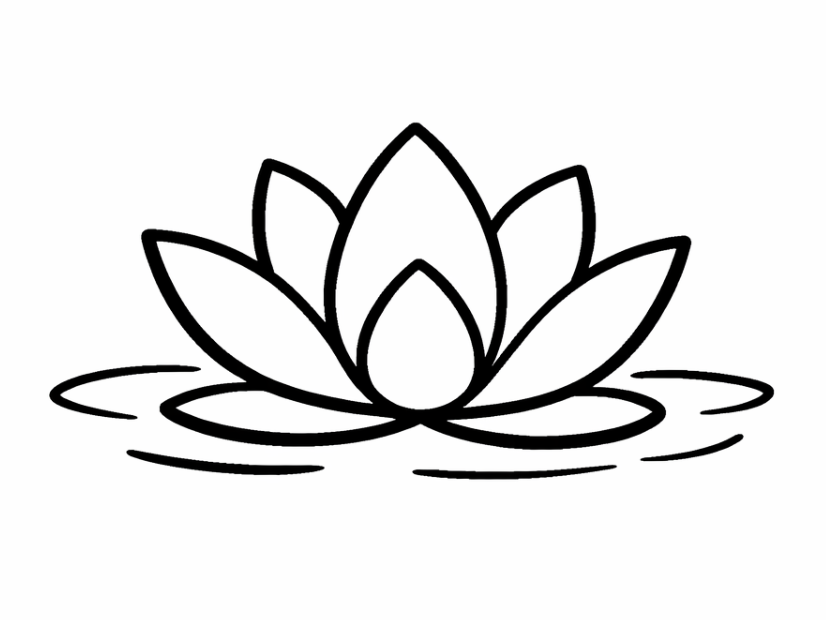 Black and white line drawing of a lotus flower floating on water.