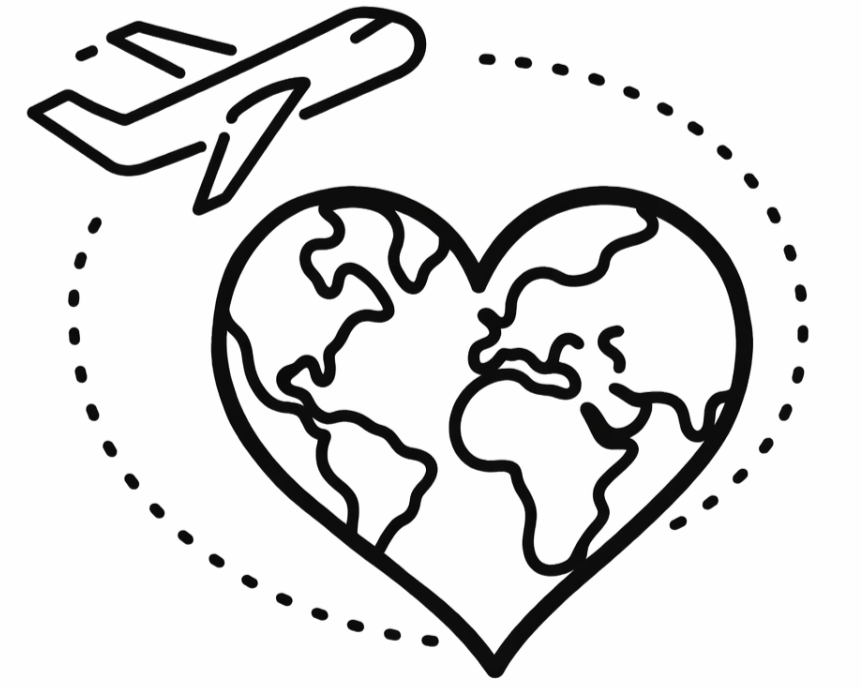 A line drawing of an airplane flying over a heart-shaped Earth.