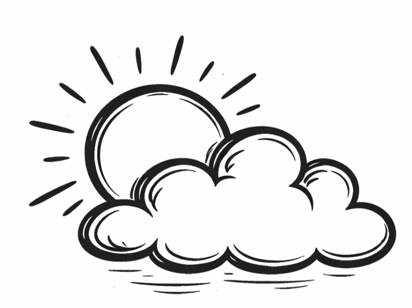 Black and white line drawing of a sun partly covered by a fluffy cloud.