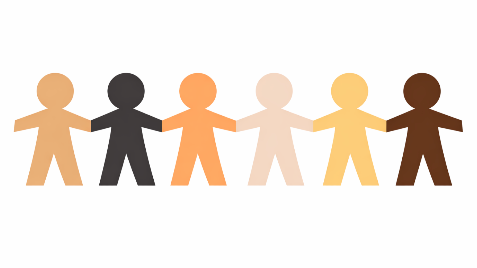 A colorful drawing of differently colored paper cutout figures, holding hands.