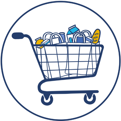 A grocery cart full of groceries. Affordability icon.