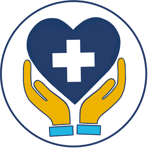 Two hands holding a heart with a medical cross.