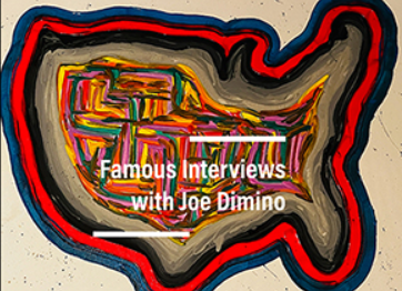 Colorful, abstract map outline of the United States with the text 'Famous Interviews with Joe Dimino' overlayed.