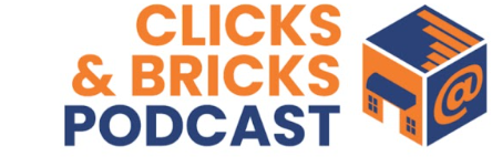 Logo for Clicks & Bricks Podcast with text in orange and navy, featuring a building with a curly @ symbol on the side