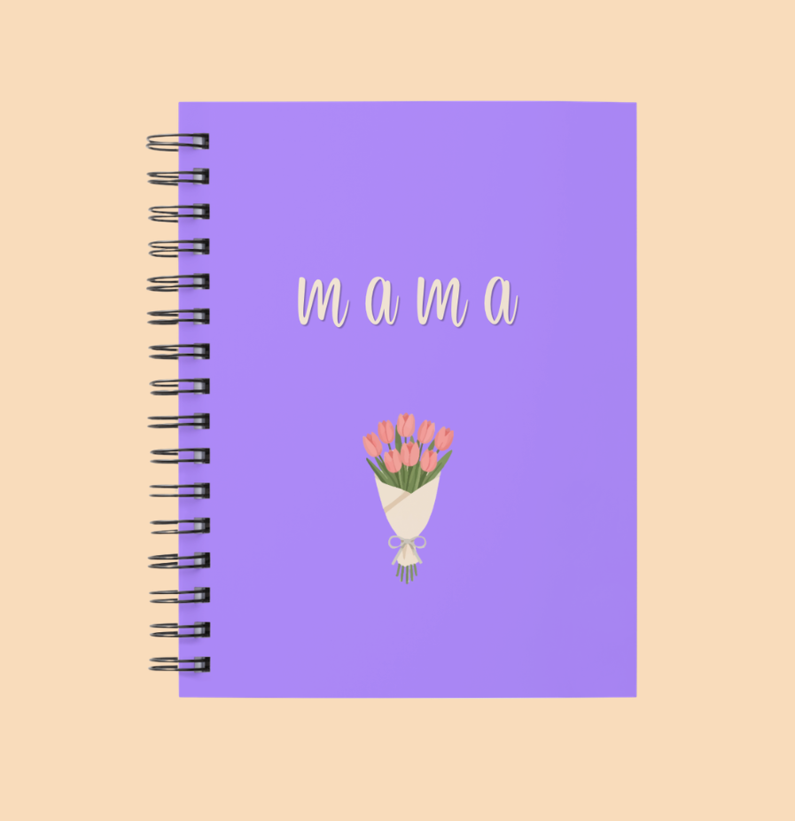 Purple Journal with mama on it. Bouquet of pink flowers underneath text.