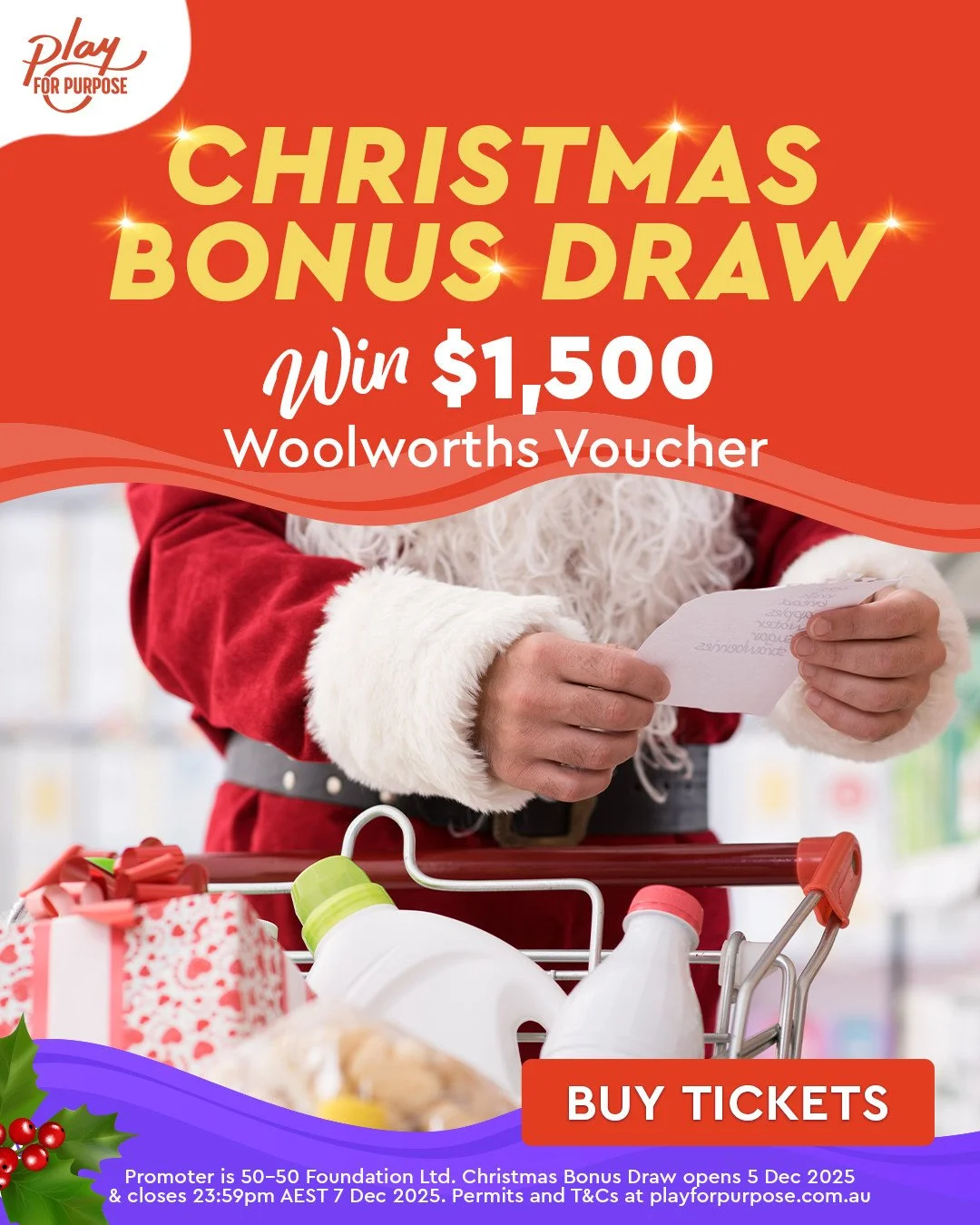 Want a $1,500 Woolworths Gift Card to fund your Christmas shop? 🛒🎄⁠
Buy your tickets between tomorrow and Sunday (5th - 7th December) for a chance to win! 🎁⁠
⁠
For just $10, you could get the boost you are looking for&mdash;whether it be a holiday