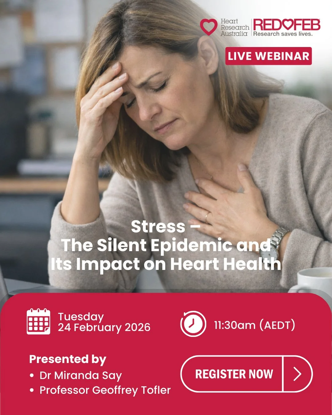This #REDFEB, we&rsquo;re encouraging individuals and workplaces to start conversations about stress, wellbeing and #hearthealth, and to explore simple, practical ways to reduce the impact of #stress on our hearts. ❤️⁠
⁠
Join our free webinar on Tues