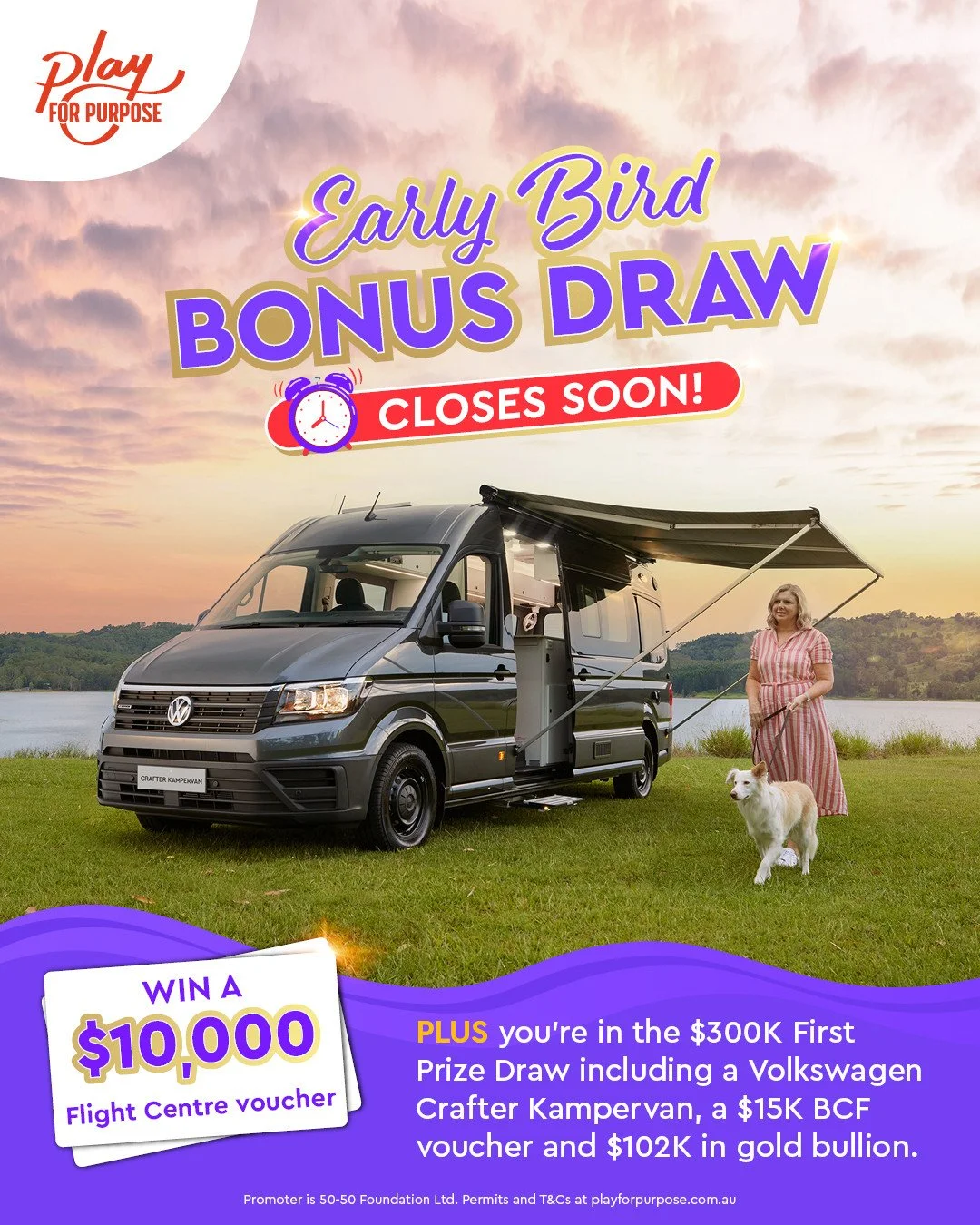 Want a financial boost? 💰With the cost of living rising, a $10 ticket could be your chance for a life-changing win.🎉 Enter the Play for Purpose Charity Raffle and you could win a $300,000 prize pack featuring a VW Kampervan, a $15K BCF voucher, and