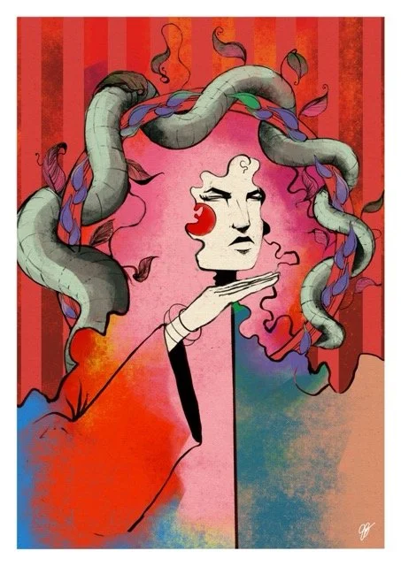 A surreal illustration of a woman with snake-like hair, screaming with her eyes closed, and holding her chin with her hand. The background has vertical red stripes.