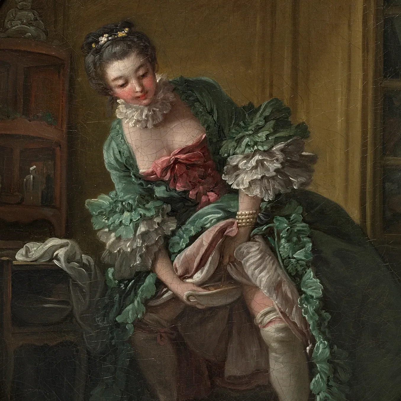 A woman in 18th-century attire "adjusting her stocking" in a domestic interior