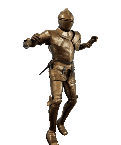 A bronze statue of a robot in a dynamic pose with arms raised and one foot slightly forward.