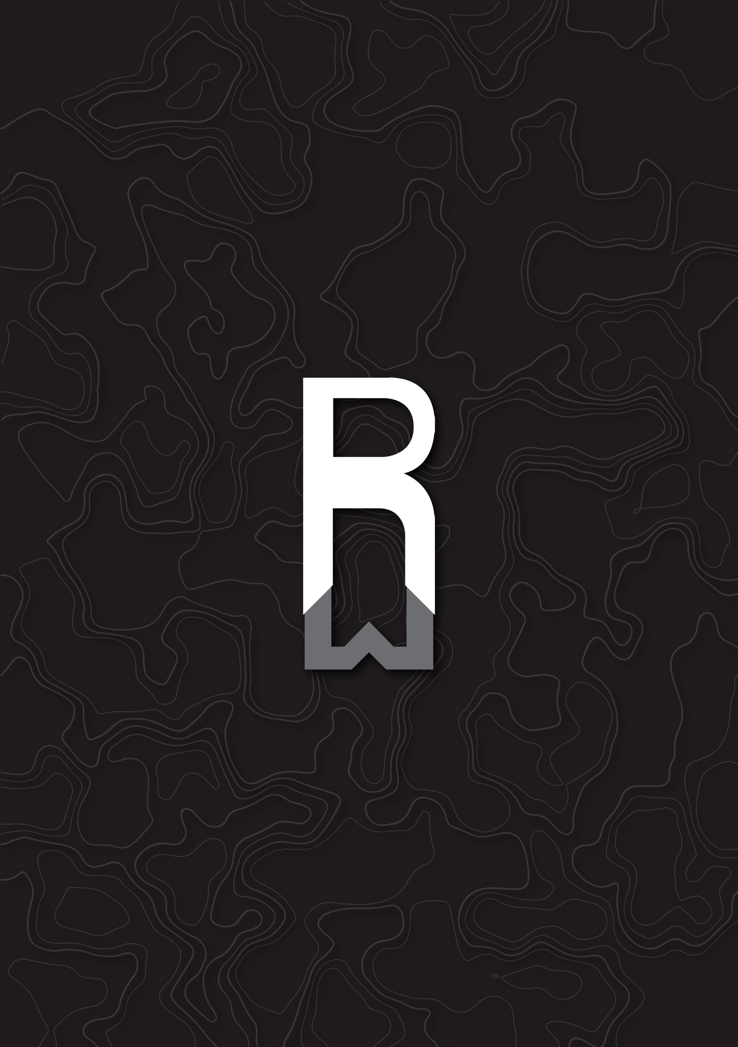 Black background with topographic contour lines and a large white letter 'R' with a gray ribbon bookmark design.