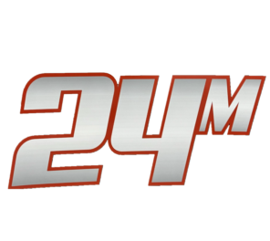 Close-up of a 24M logo with bold red and white lettering and a shadow effect on a dark background.