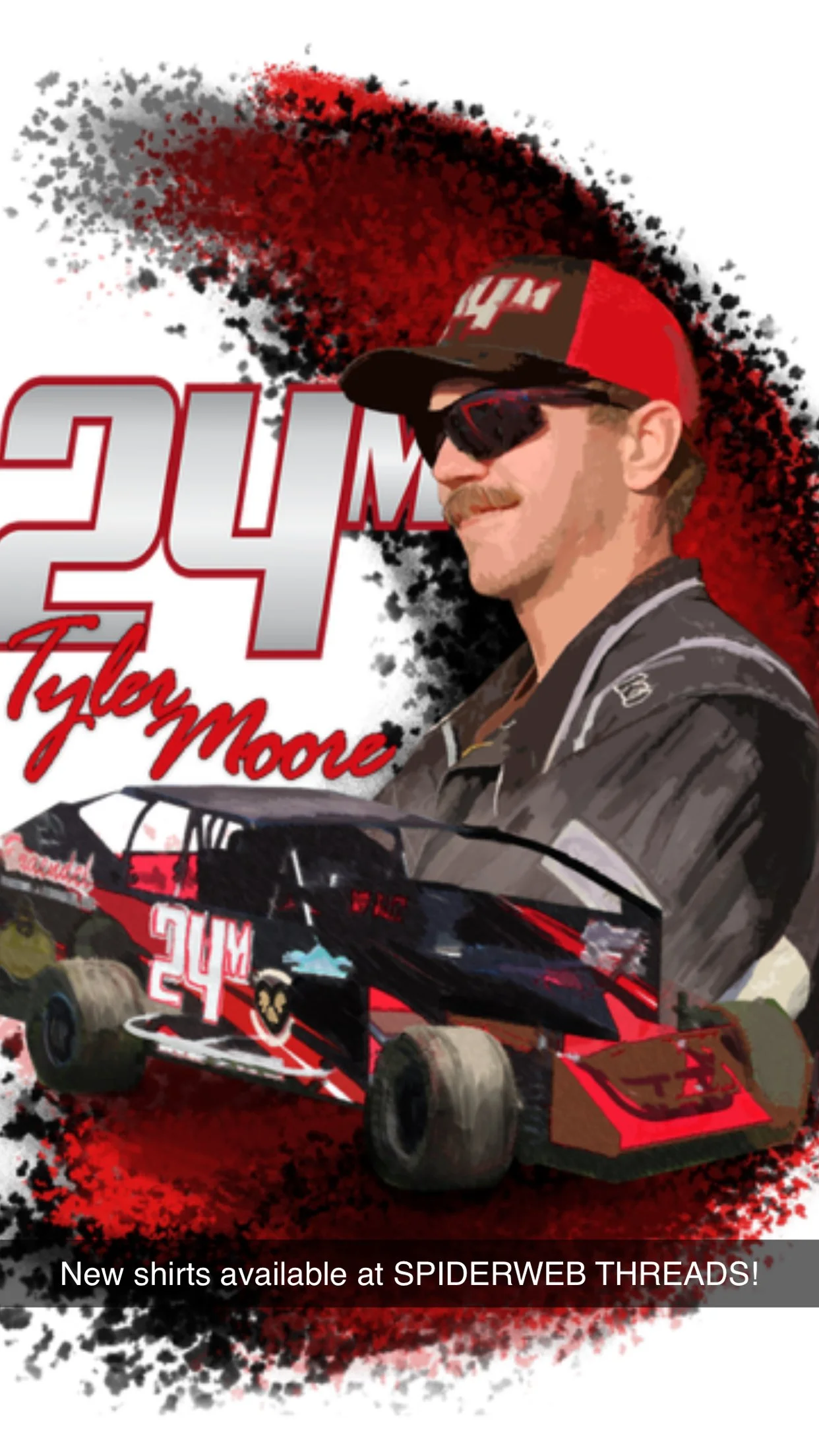 Illustration of race car driver Tylo Moore with a racing vehicle, promoting new shirts at Spiderweb Threads.