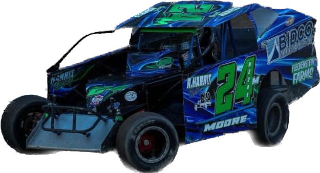 A blue race car with the number 24 on the side and top, featuring sponsor logos and a roll cage, on a black background.
