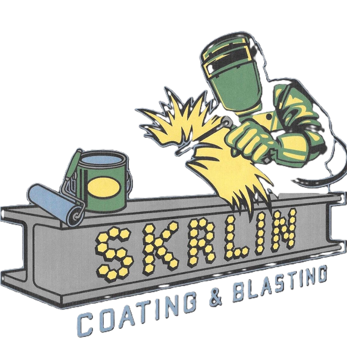 An illustration of a person welding a large piece of metal at a sign that reads 'SKRLIN COATING & BLASTING', with a can of paint and a paint roller on the table.