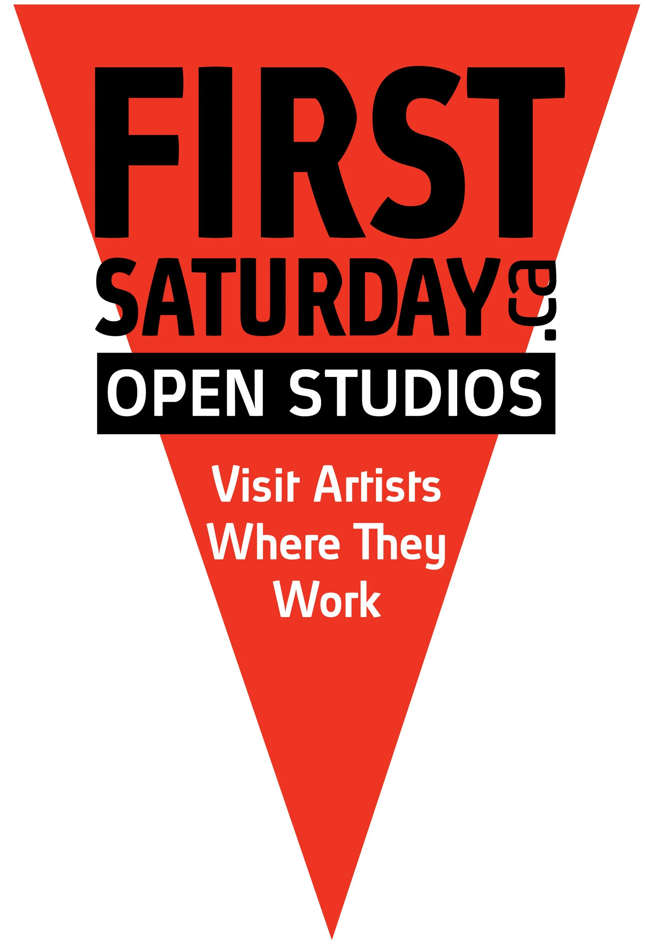 Red shape resembling a flag with a call to action to visit artists where they work.