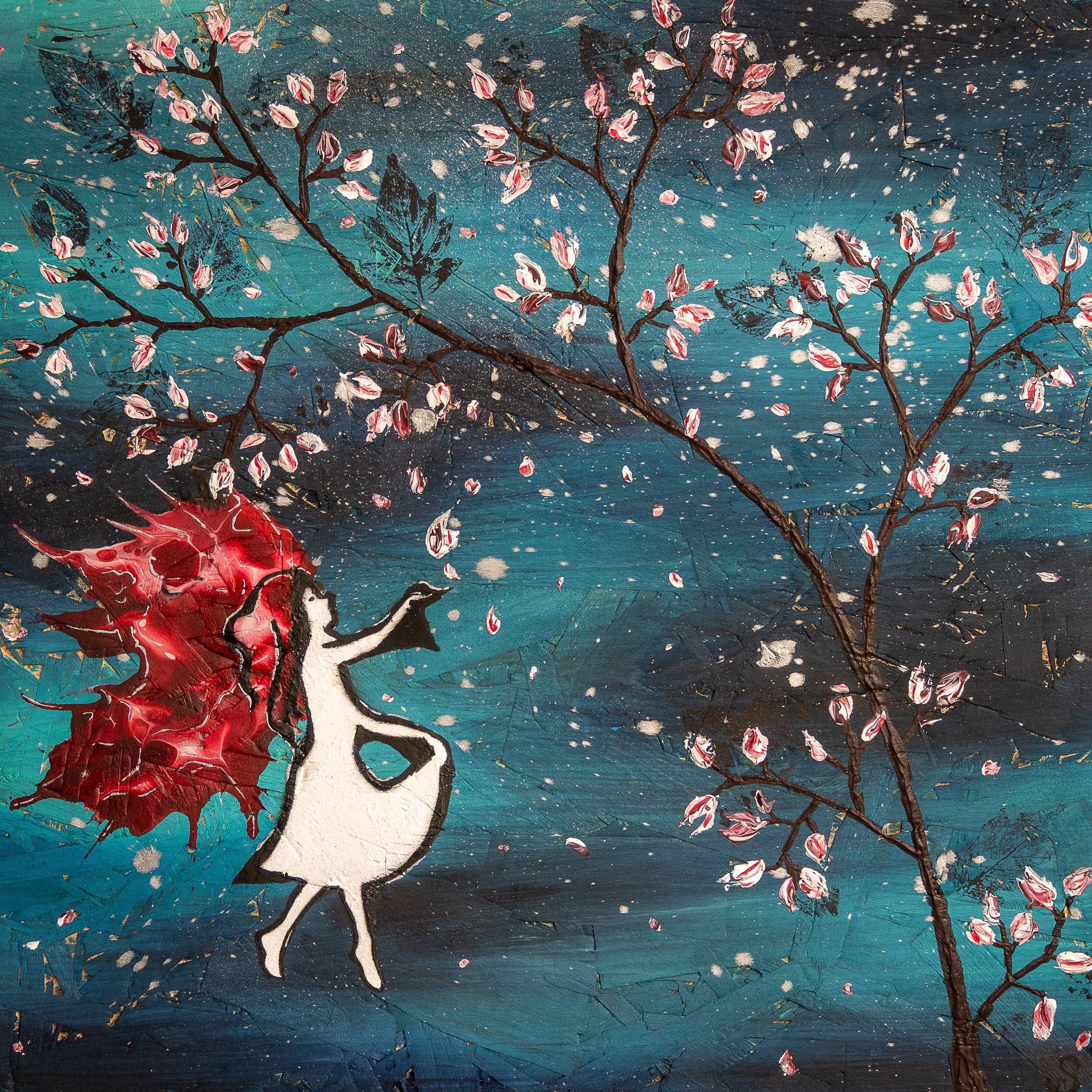 girl catching magnolia blossoms in her skirt