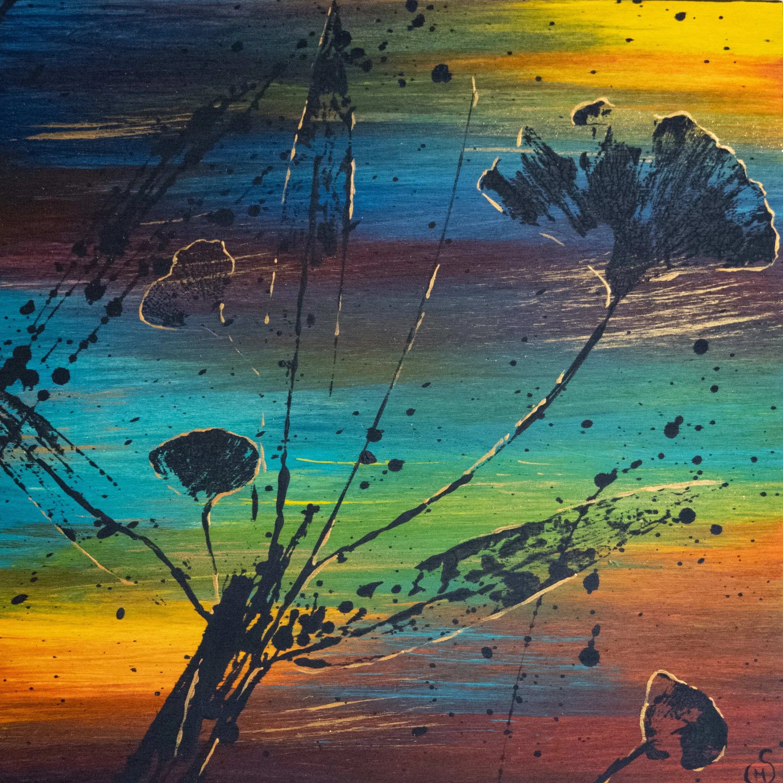 Abstract painting with black floral silhouettes and colorful horizontal strokes in shades of blue, green, red, orange, and yellow.