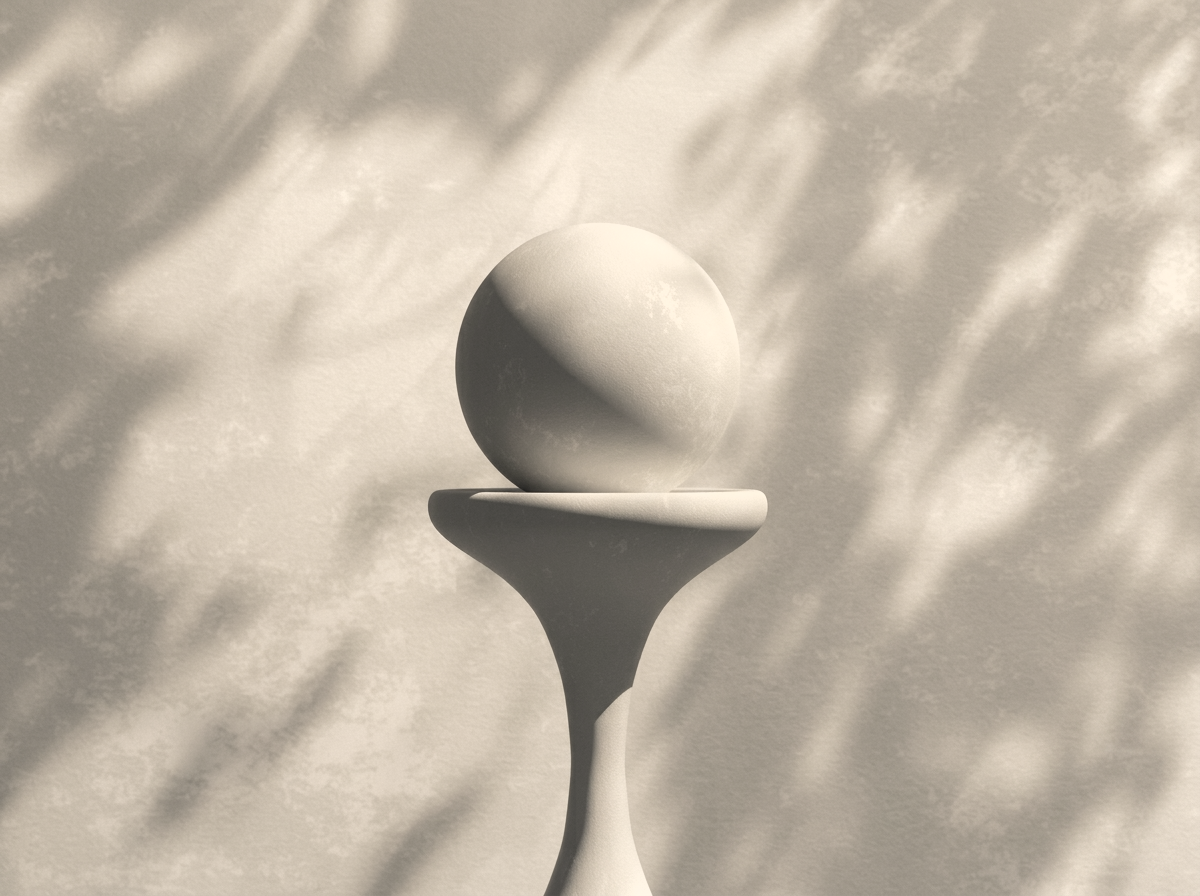 A white sphere balanced on a modern, curved pedestal with a textured, cloudy background and shadow patterns.
