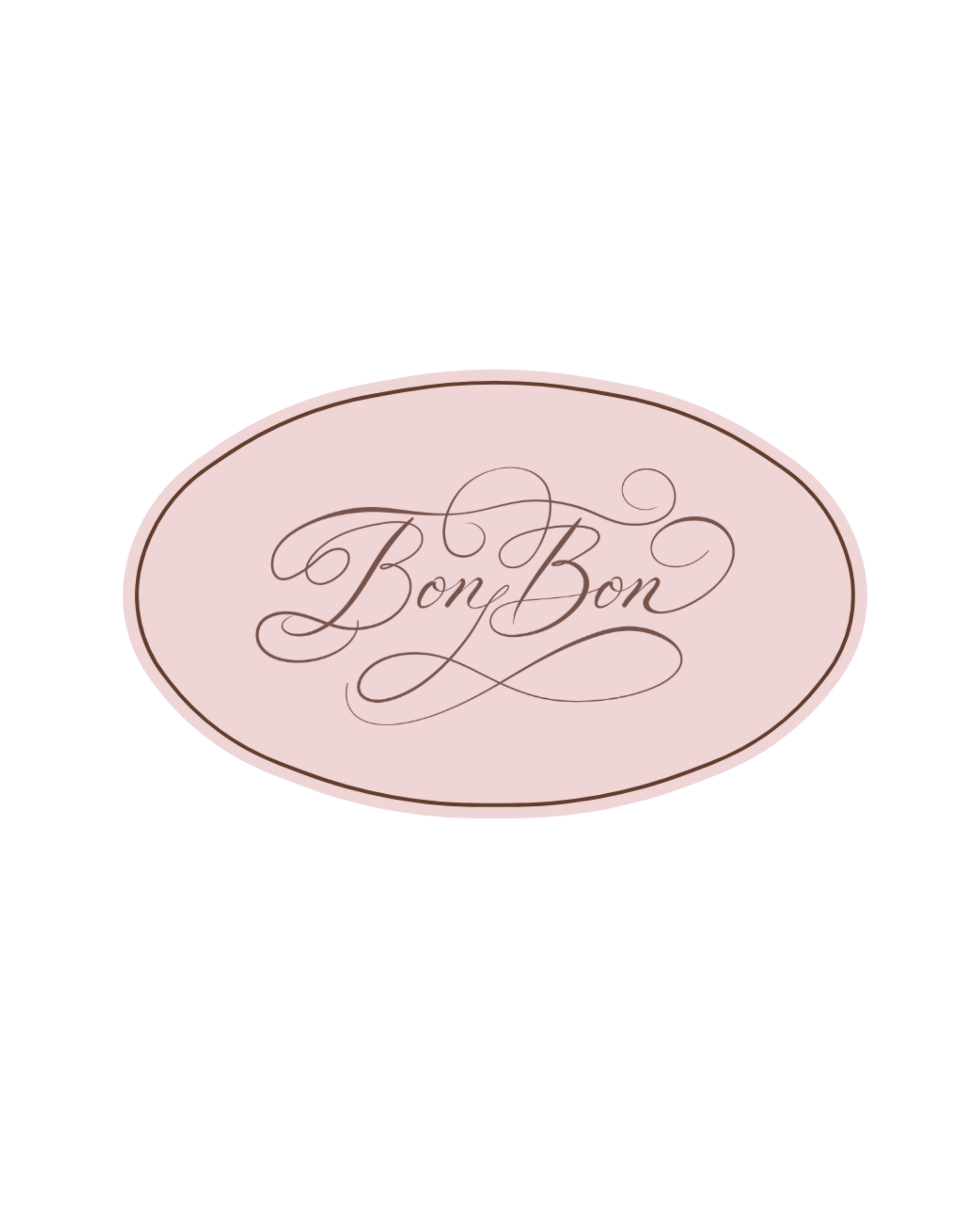 Pink oval tag with the words "Bon Bon" written in elegant cursive font.